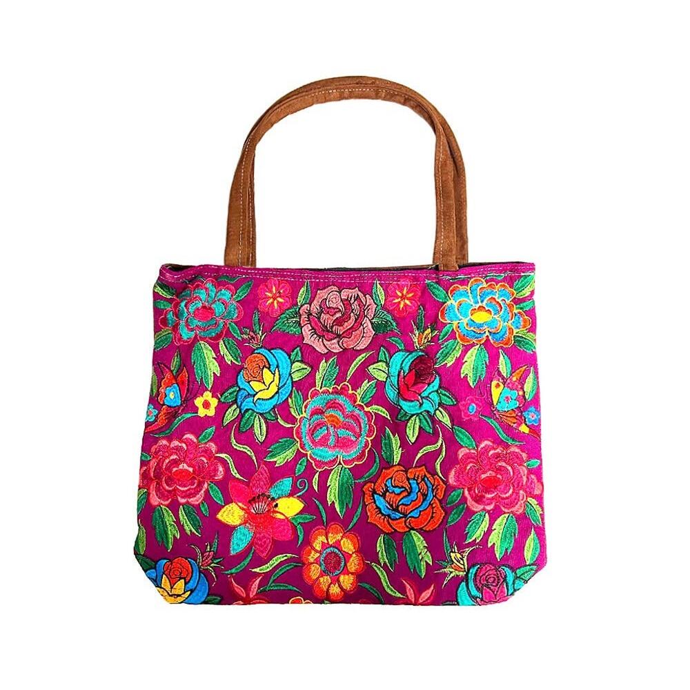 "Boho Floral" Embroidered Suede Tote Bag